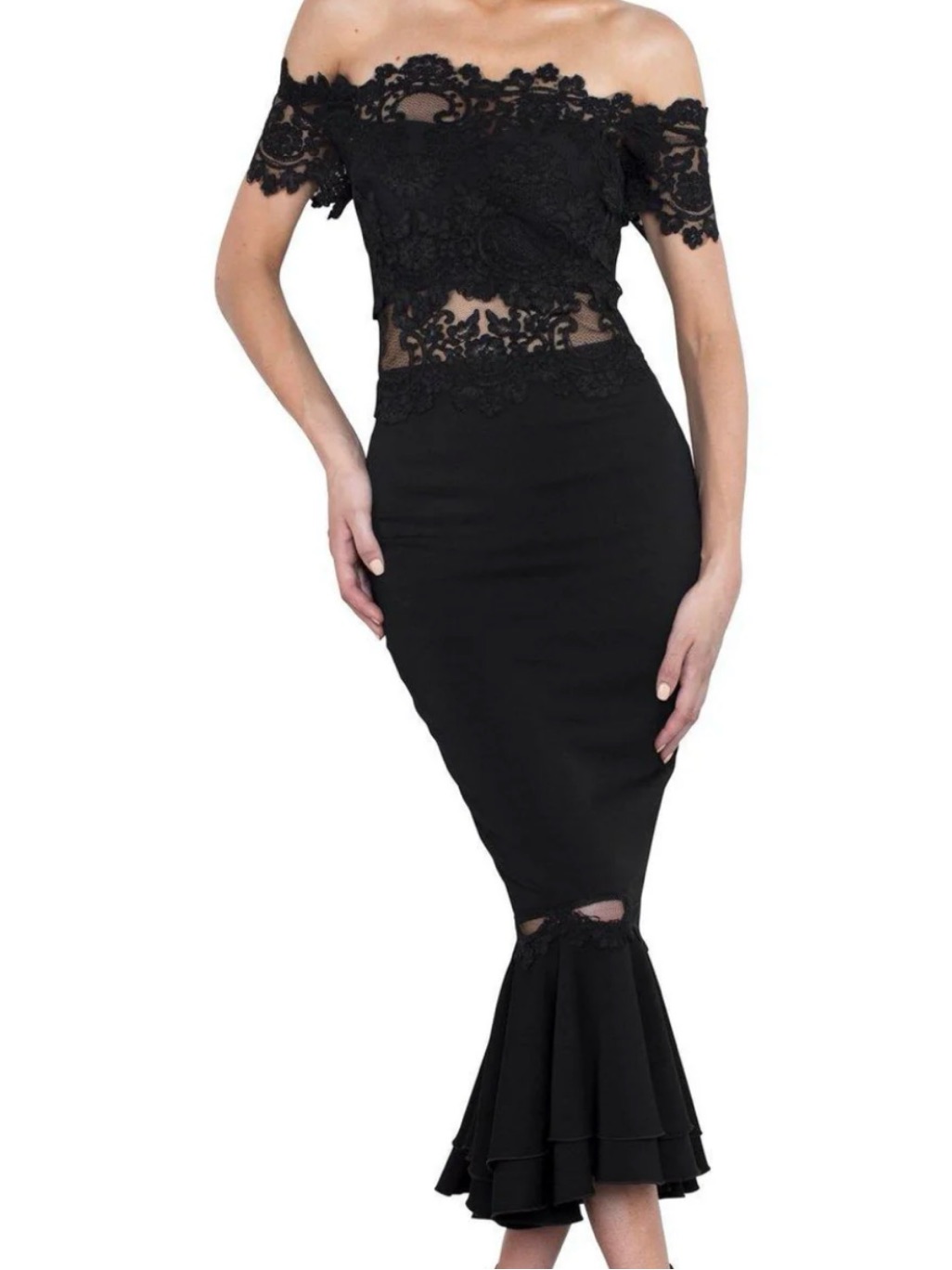 Nicole Bakti Black Lace Off-Shoulder Mermaid Dress